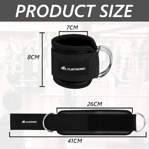flintronic 2Pcs Ankle Straps for Cable Machine, Gym Cuffs with Double Stainless Steel D-Ring, Gym Ankle Cuff with Adjustable Neoprene Ve-lcro, Muscle Shaping for Men and Women - Black - Image 2