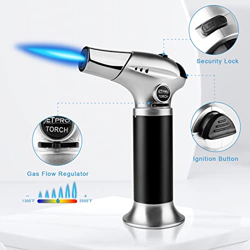 JETPRO Butane Kitchen Torch Lighter Cooking Refillable Torch with Adjustable Flame and Safety Lock for Desserts BBQ Kitchen (Butane Gas Not Included) (Sliver) - Image 3
