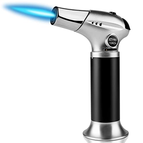 JETPRO Butane Kitchen Torch Lighter Cooking Refillable Torch with Adjustable Flame and Safety Lock for Desserts BBQ Kitchen (Butane Gas Not Included) (Sliver) - Image 1
