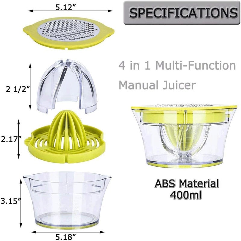Drizom Citrus Lemon Orange Juicer Manual Hand Squeezer with Built-in Measuring Cup and Grater, 12OZ, Green - Image 2