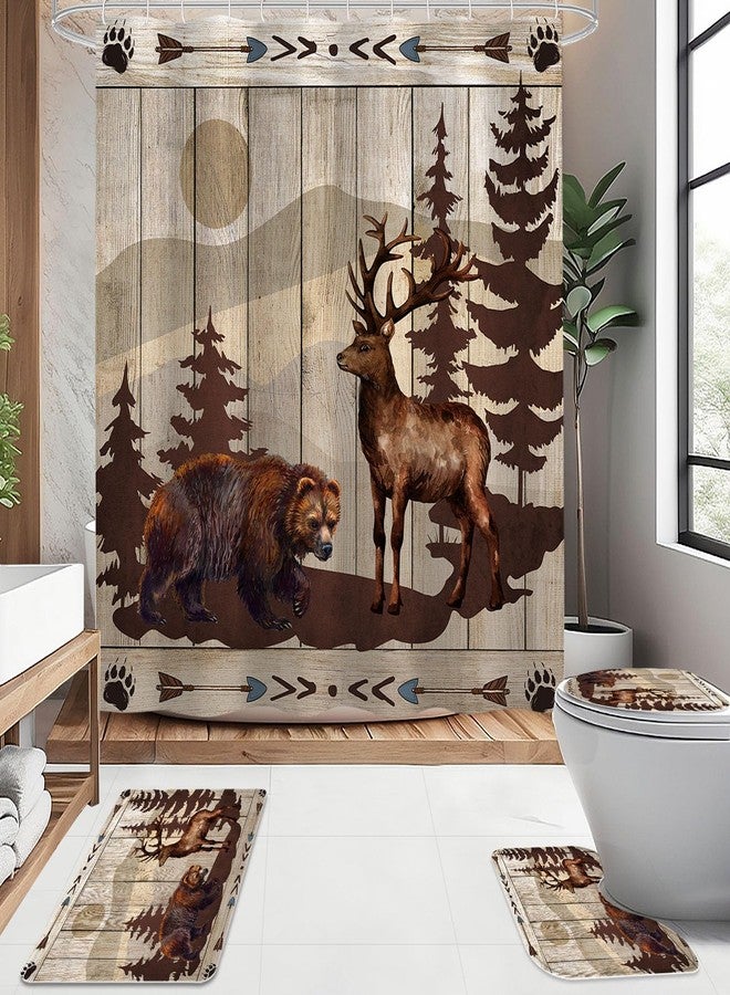 Litabel 4 Pcs Farmhouse Bear and Deer Shower Curtain Set with Non-Slip Rugs, Toilet Lid Cover and Bath Mat,Wooden Bathroom Decor Set with Shower Curtain and Rugs(Hooks Not Included) - Image 2