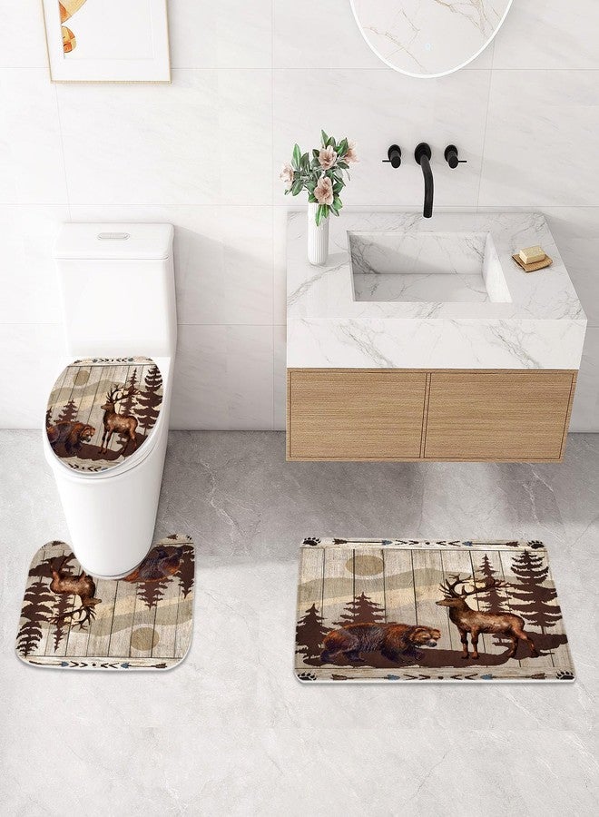 Litabel 4 Pcs Farmhouse Bear and Deer Shower Curtain Set with Non-Slip Rugs, Toilet Lid Cover and Bath Mat,Wooden Bathroom Decor Set with Shower Curtain and Rugs(Hooks Not Included) - Image 4