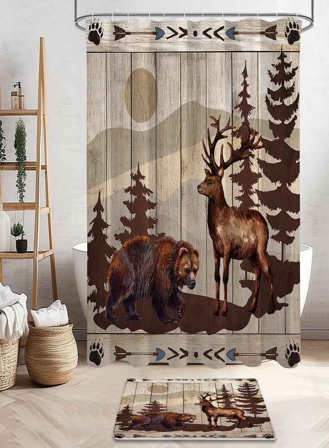 Litabel 4 Pcs Farmhouse Bear and Deer Shower Curtain Set with Non-Slip Rugs, Toilet Lid Cover and Bath Mat,Wooden Bathroom Decor Set with Shower Curtain and Rugs(Hooks Not Included) - Image 3