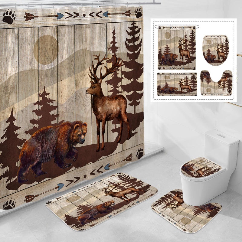 Litabel 4 Pcs Farmhouse Bear and Deer Shower Curtain Set with Non-Slip Rugs, Toilet Lid Cover and Bath Mat,Wooden Bathroom Decor Set with Shower Curtain and Rugs(Hooks Not Included) - Image 1