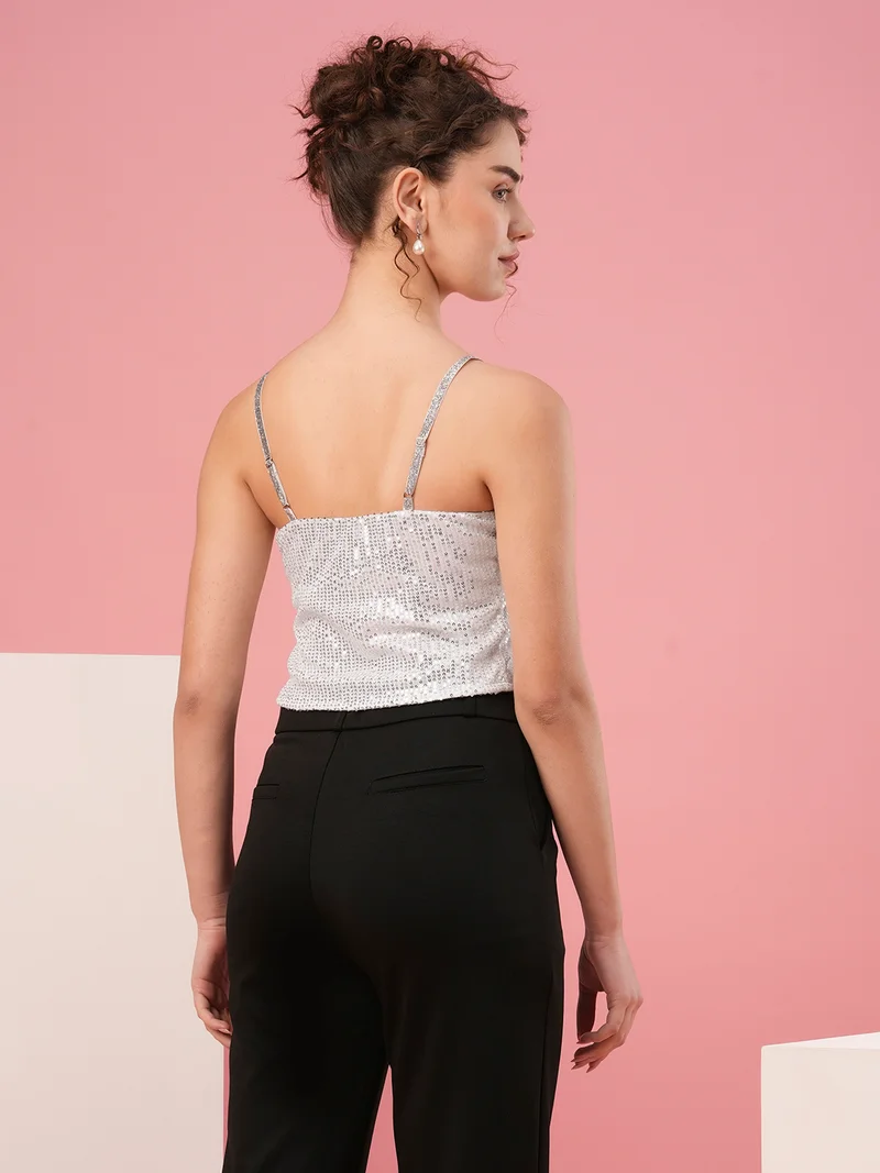 globus Women Sweetheart Neck Shoulder Straps Twisted Detail Sequinned Party Top