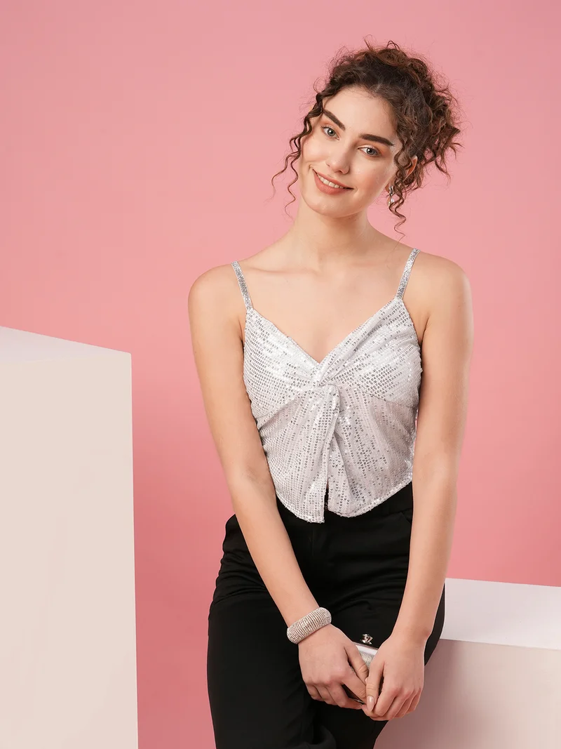 globus Women Sweetheart Neck Shoulder Straps Twisted Detail Sequinned Party Top