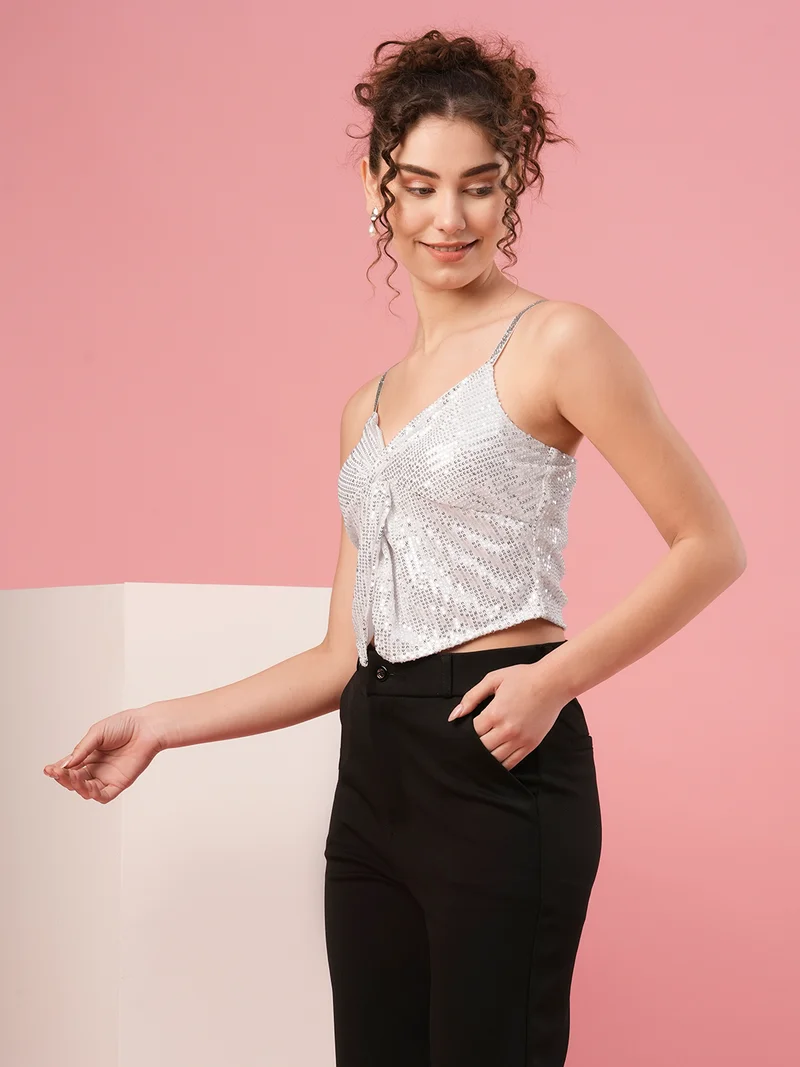 globus Women Sweetheart Neck Shoulder Straps Twisted Detail Sequinned Party Top