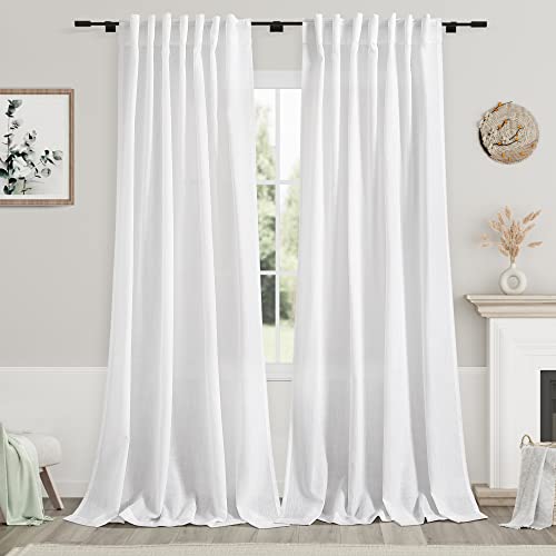Nanspring Solid White Curtains 96 Inches Long 2 Panels Back Tab Sheer Linen Curtain Modern Farmhouse Coastal Decor Off White Cotton Textured Curtains 96 inch Length for Patio Sliding Door Office Bedroom - Image 1