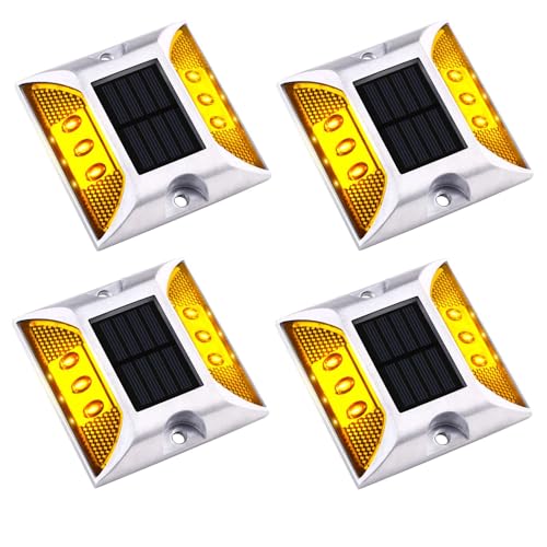 Aolyty Solar Driveway Dock Lights, IP68 Waterproof Solar Deck Light Outdoor Warning Step Lights Reflective Road Marker for Sidewalk Stair Garden Pathway Walkway (4 Pack, Yellow) - Image 1