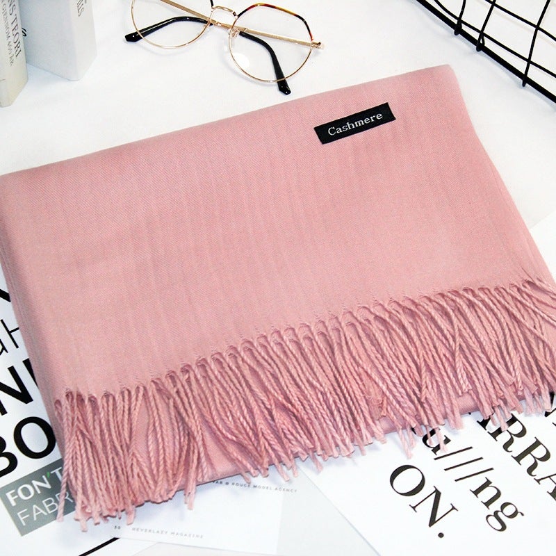 Autumn Winter Solid Color Faux Cashmere Scarf Tassel Thick Shawl 27#Baby powder 