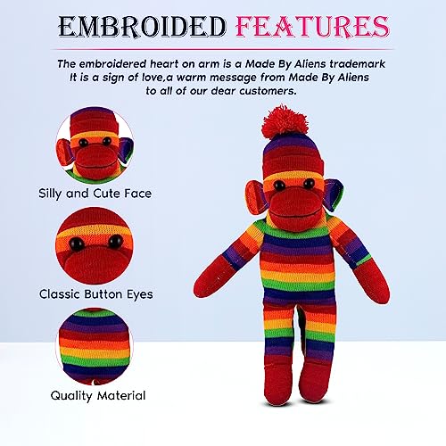 Made By Aliens Adorable Sock Monkey The Original Traditional Hand Knitted Stuffed Animal Toy Giftfor Kids Babies Teens Girls and Boys Baby Doll Present Puppet 16 Rainbow - Image 5