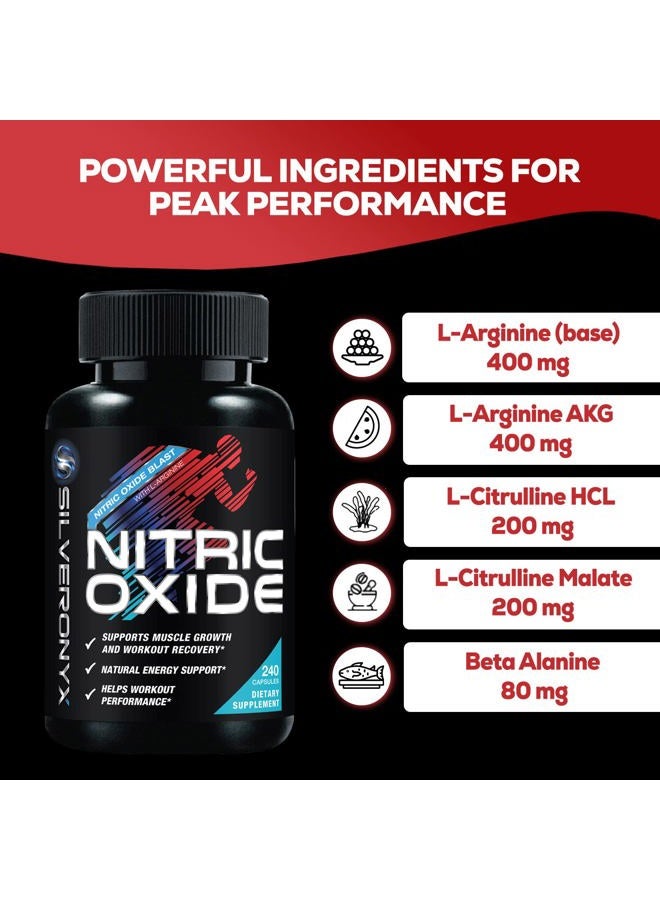 SilverOnyx Extra Strength Nitric Oxide Supplement 3X Strength L Arginine, Citrulline Malate, AAKG, Beta Alanine - Premium Muscle Supporting Nitric Booster - Natural Energy & Heart Health Support - 240 Capsules  - Image 5