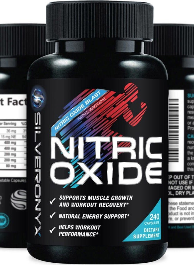 SilverOnyx Extra Strength Nitric Oxide Supplement 3X Strength L Arginine, Citrulline Malate, AAKG, Beta Alanine - Premium Muscle Supporting Nitric Booster - Natural Energy & Heart Health Support - 240 Capsules  - Image 1
