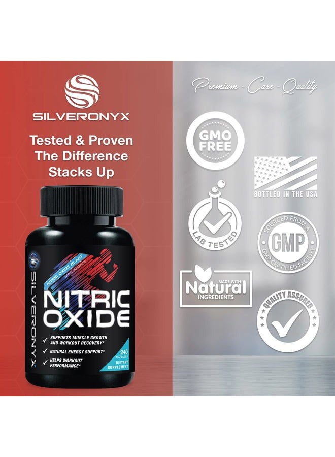 SilverOnyx Extra Strength Nitric Oxide Supplement 3X Strength L Arginine, Citrulline Malate, AAKG, Beta Alanine - Premium Muscle Supporting Nitric Booster - Natural Energy & Heart Health Support - 240 Capsules  - Image 3