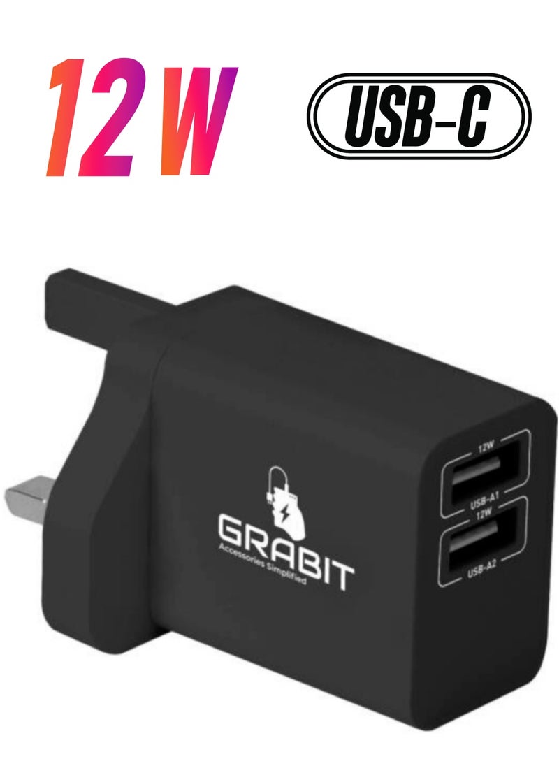 GRABIT - GRABIT GTC 12W Dual USB Wall Charger With USB-A to Type C Cable, 1 Meter Length - Image 1