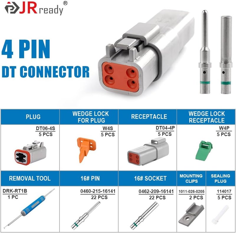 JRready Deutsch Waterproof Connector 4 Pin Connector Kits with 16 Solid Contacts(14-20AWG), ST6328-4 DT Series Connector 4 Pin 5 Sets and Deutsch Pin Removal Tool DRK-RT1B with Mounting Clips - Image 2