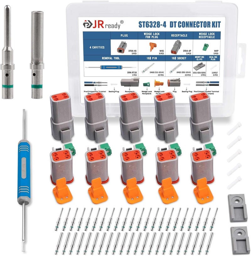 JRready Deutsch Waterproof Connector 4 Pin Connector Kits with 16 Solid Contacts(14-20AWG), ST6328-4 DT Series Connector 4 Pin 5 Sets and Deutsch Pin Removal Tool DRK-RT1B with Mounting Clips - Image 1