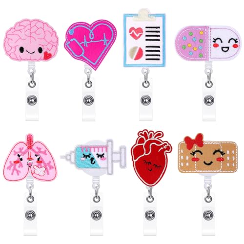 OFIFO® 8Pcs Retractable Badge Reels Cartoon Medical-Themed Embroidered ID Card Holder Snap -Button Closure Retractable Reels with Attach Clip, Ideal for Nurses, Medical Staffs, Hospital Workers - Image 1