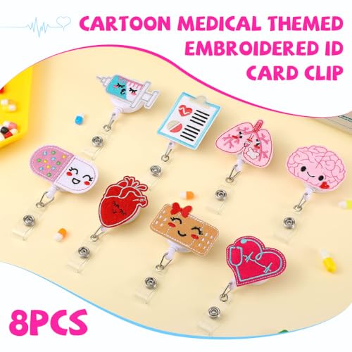OFIFO® 8Pcs Retractable Badge Reels Cartoon Medical-Themed Embroidered ID Card Holder Snap -Button Closure Retractable Reels with Attach Clip, Ideal for Nurses, Medical Staffs, Hospital Workers - Image 3