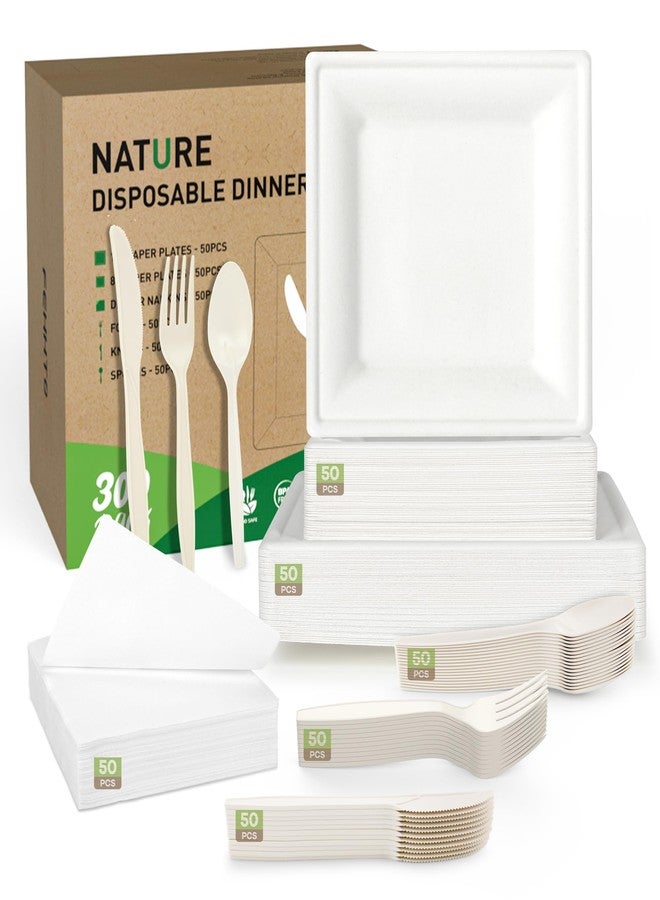 FEHHTO Compostable Paper Plates Set, 300PCS Disposable Heavy-Duty Plate and Utensils, Eco Friendly Biodegradable Dinnerware Kit Includes Plates, Forks, Knives, Spoons and Napkins for Party 50 People - Image 1