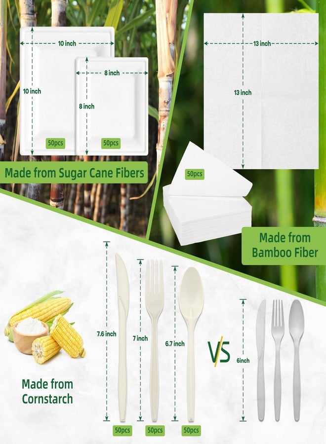 FEHHTO Compostable Paper Plates Set, 300PCS Disposable Heavy-Duty Plate and Utensils, Eco Friendly Biodegradable Dinnerware Kit Includes Plates, Forks, Knives, Spoons and Napkins for Party 50 People - Image 2