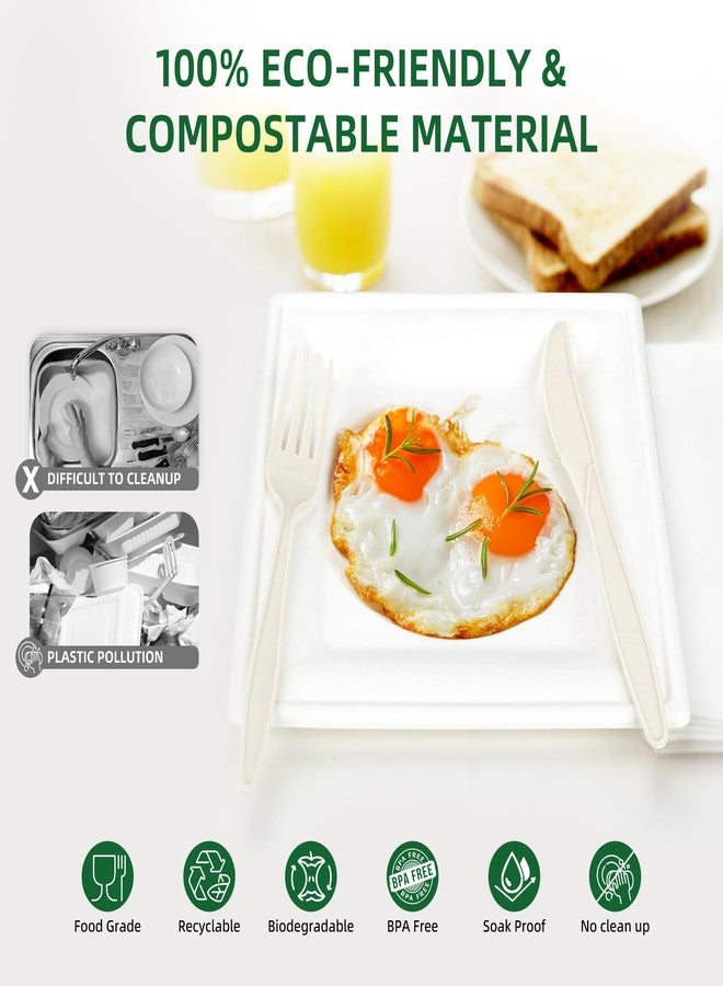 FEHHTO Compostable Paper Plates Set, 300PCS Disposable Heavy-Duty Plate and Utensils, Eco Friendly Biodegradable Dinnerware Kit Includes Plates, Forks, Knives, Spoons and Napkins for Party 50 People - Image 5