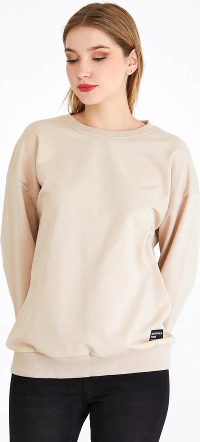 mmetalic Women's Beige Color Basic Crew Neck Sweatshirt