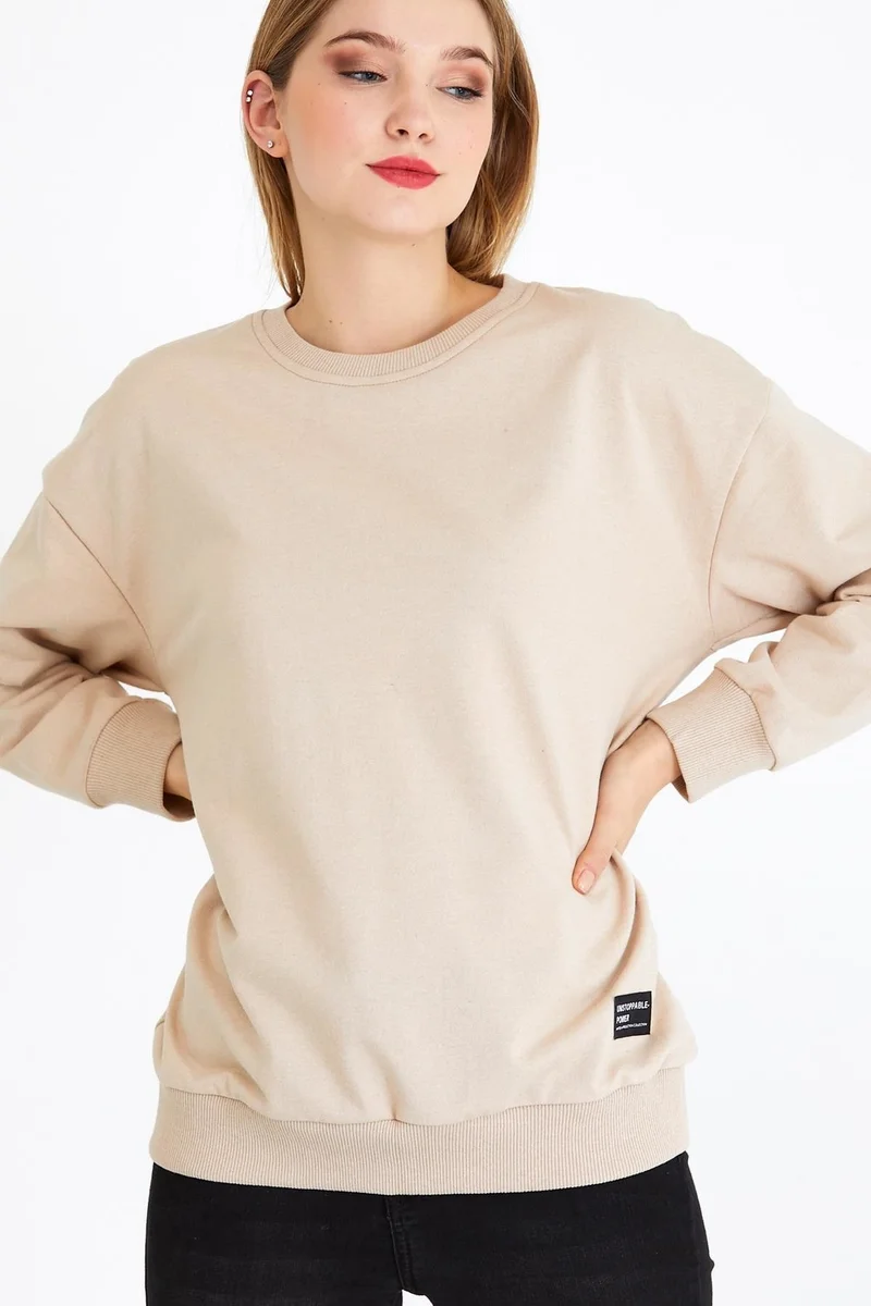 mmetalic Women's Beige Color Basic Crew Neck Sweatshirt