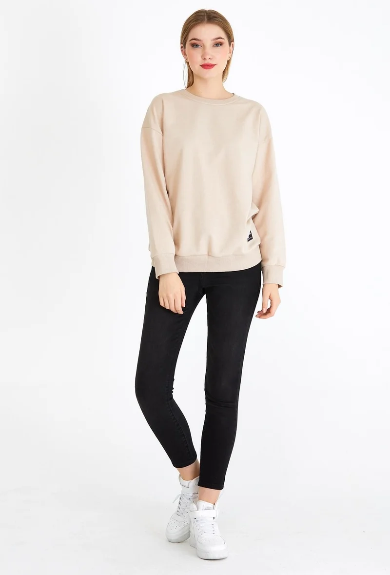 mmetalic Women's Beige Color Basic Crew Neck Sweatshirt