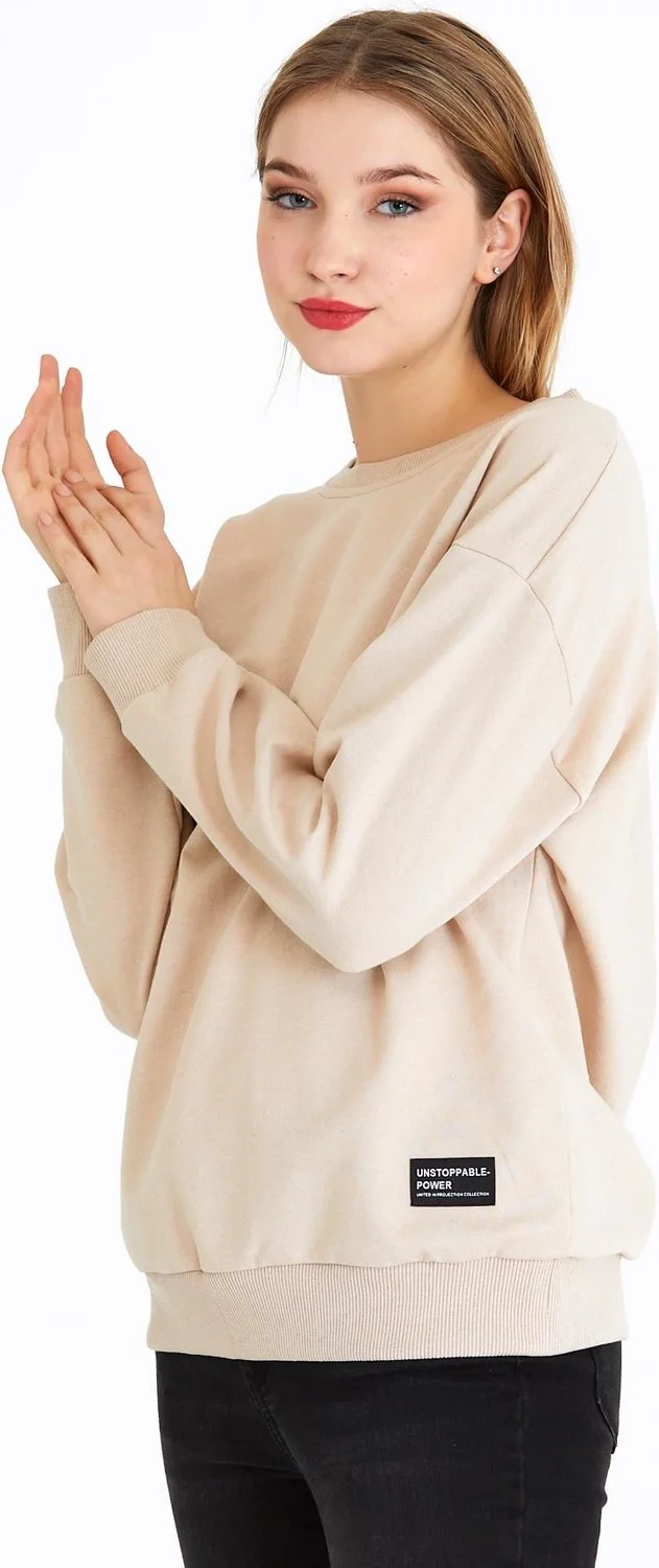 mmetalic Women's Beige Color Basic Crew Neck Sweatshirt