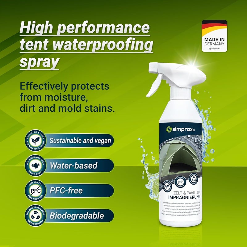 simprax ® Tent Waterproofing Spray - Certified Eco-Friendly, UV-Stable & Biodegradable Waterproof Spray | Made in Germany | Waterproofing Spray Enhances Water-Repellency for Tent & Technical Textiles - Image 1