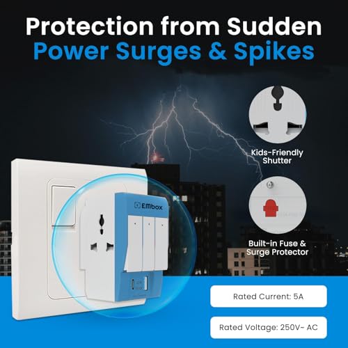 EMBOX Type C PD 3 Pin Multi Plug Adapter with Individual Switch | 3 Pin Plug Socket Safety Shutter Spike Buster Fuse Protected Adapter | 3 Way Plug Extension for Home Office Travel-5A-250V - Image 3