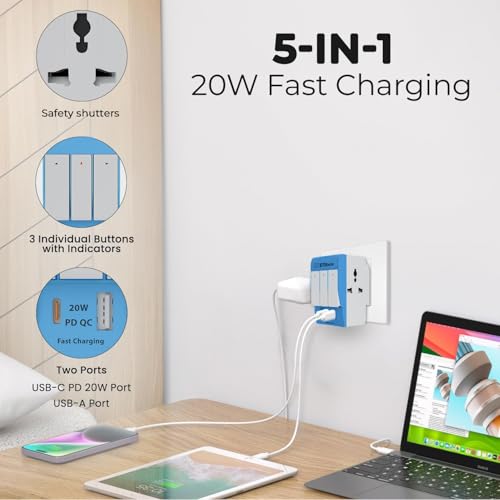 EMBOX Type C PD 3 Pin Multi Plug Adapter with Individual Switch | 3 Pin Plug Socket Safety Shutter Spike Buster Fuse Protected Adapter | 3 Way Plug Extension for Home Office Travel-5A-250V - Image 2