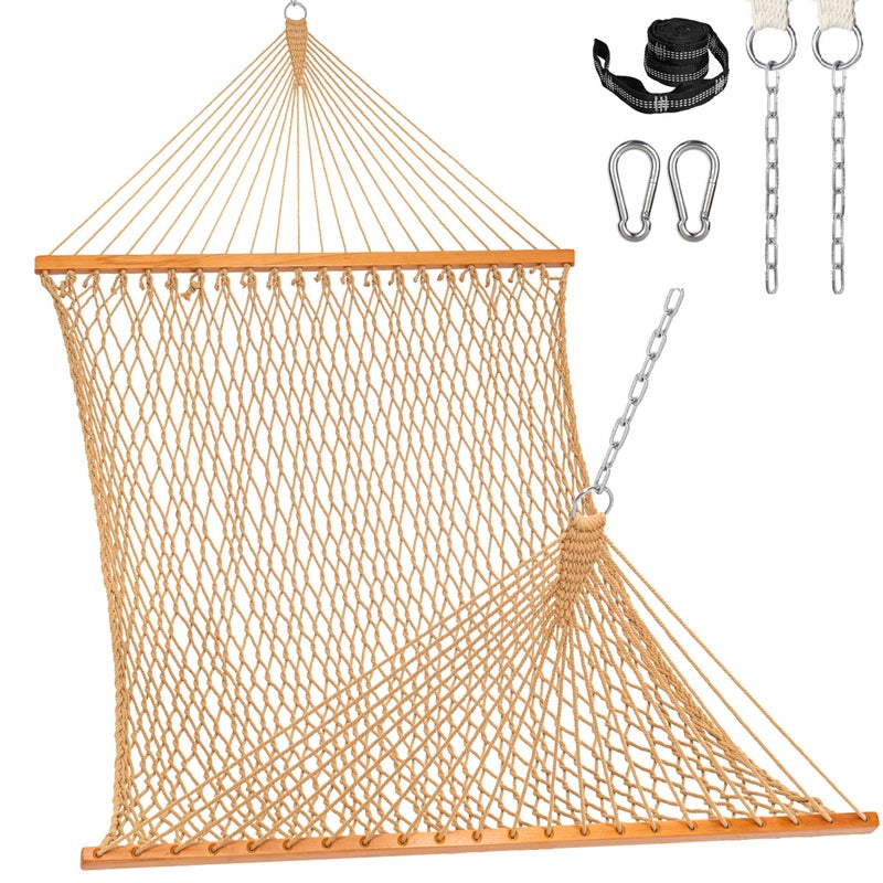 Lazy Daze Hammocks Double Rope Hammock, 2 Person Traditional Outdoor Hand Woven Cotton Rope Hammock with Spreader Bar, Carabiners, Tree Straps, Chains for Patio Yard - Max 450 Lbs, Tan - Image 1