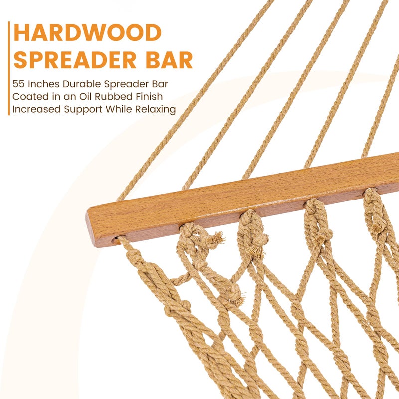Lazy Daze Hammocks Double Rope Hammock, 2 Person Traditional Outdoor Hand Woven Cotton Rope Hammock with Spreader Bar, Carabiners, Tree Straps, Chains for Patio Yard - Max 450 Lbs, Tan - Image 5