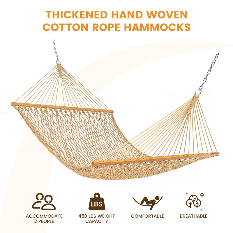 Lazy Daze Hammocks Double Rope Hammock, 2 Person Traditional Outdoor Hand Woven Cotton Rope Hammock with Spreader Bar, Carabiners, Tree Straps, Chains for Patio Yard - Max 450 Lbs, Tan - Image 2