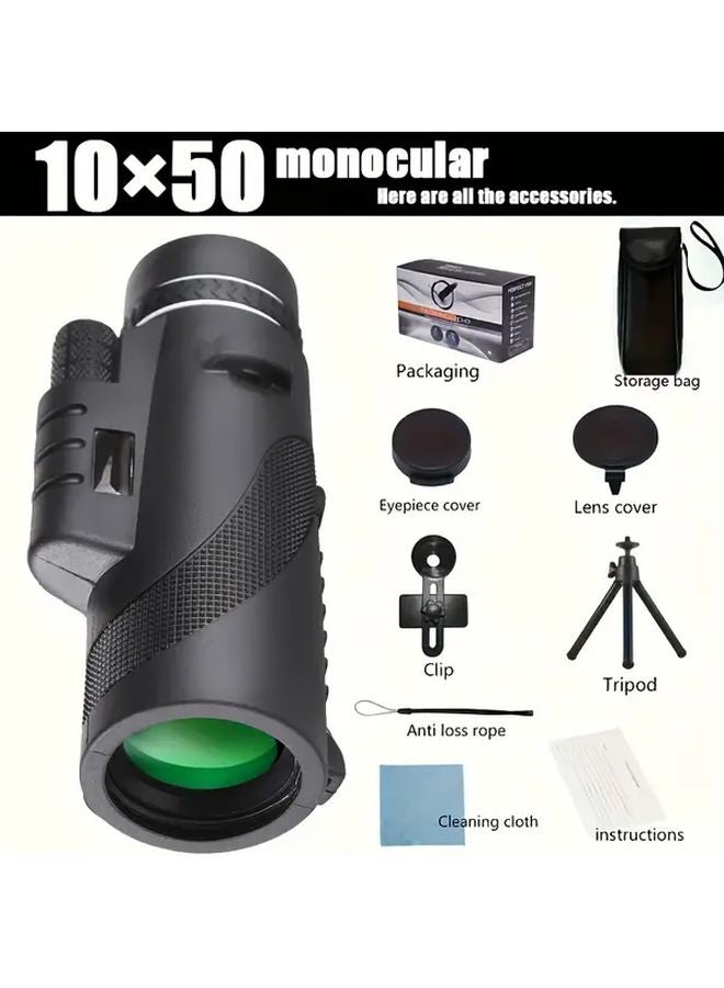 Black 10x50mm High Definition Monocular Telescope Portable Handheld for Outdoor Wildlife Bird Watching - Image 1