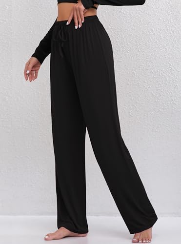 FEQO 2 Pack Women's Lounge Pants Wide Leg Yoga Pants Soft Pajama Bottoms Casual Loose Sweatpants Drawstring Yoga Pants, XL(Black,Gray) - Image 4