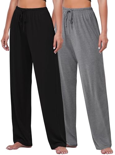 FEQO 2 Pack Women's Lounge Pants Wide Leg Yoga Pants Soft Pajama Bottoms Casual Loose Sweatpants Drawstring Yoga Pants, XL(Black,Gray) - Image 1