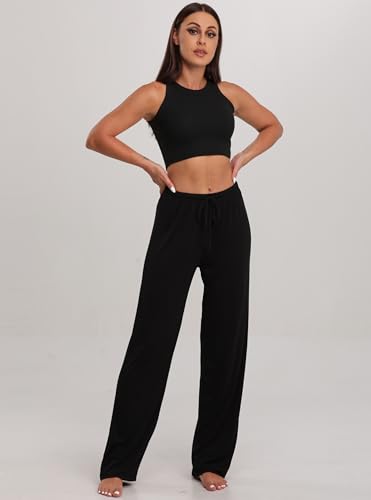 FEQO 2 Pack Women's Lounge Pants Wide Leg Yoga Pants Soft Pajama Bottoms Casual Loose Sweatpants Drawstring Yoga Pants, XL(Black,Gray) - Image 2