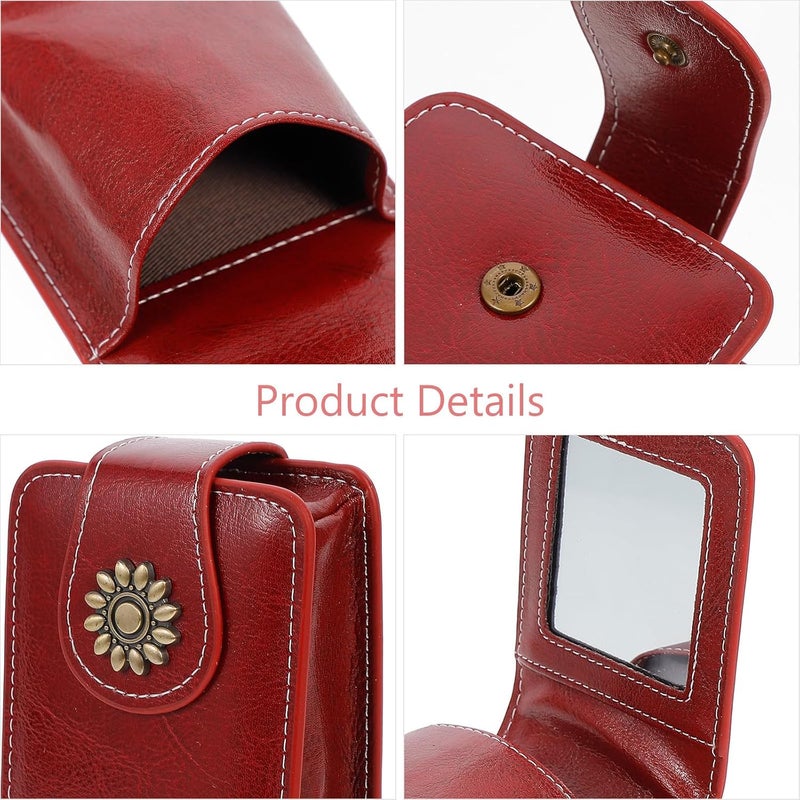 Pu Leather Lipstick Pouch with Built-in Mirror Portable Lipstick Case Holder Small Travel Cosmetic Bag for Women for Daily Use - Image 3
