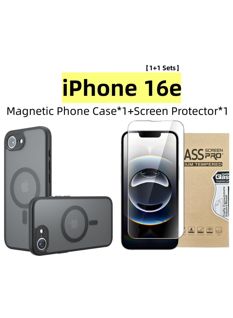 [1+1 Sets] For iPhone 16e Case Cover & Screen Protector Magnetic Frosted Translucent Back Protective Slim Phone Cover, Anti-Fingerprints, Anti-Fall Drop Protection，1 Tempered Flims  - Image 1