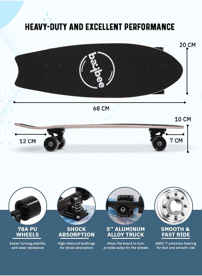 BAYBEE 68 cm Skating Board For Kids Adults With 7 Layer Maple Wood Deck Pp Wheels Double Kick Concave Skating Board For Beginners Learners Skateboard For Teen Boys Girls Above 5 Years Bass  - Image 4