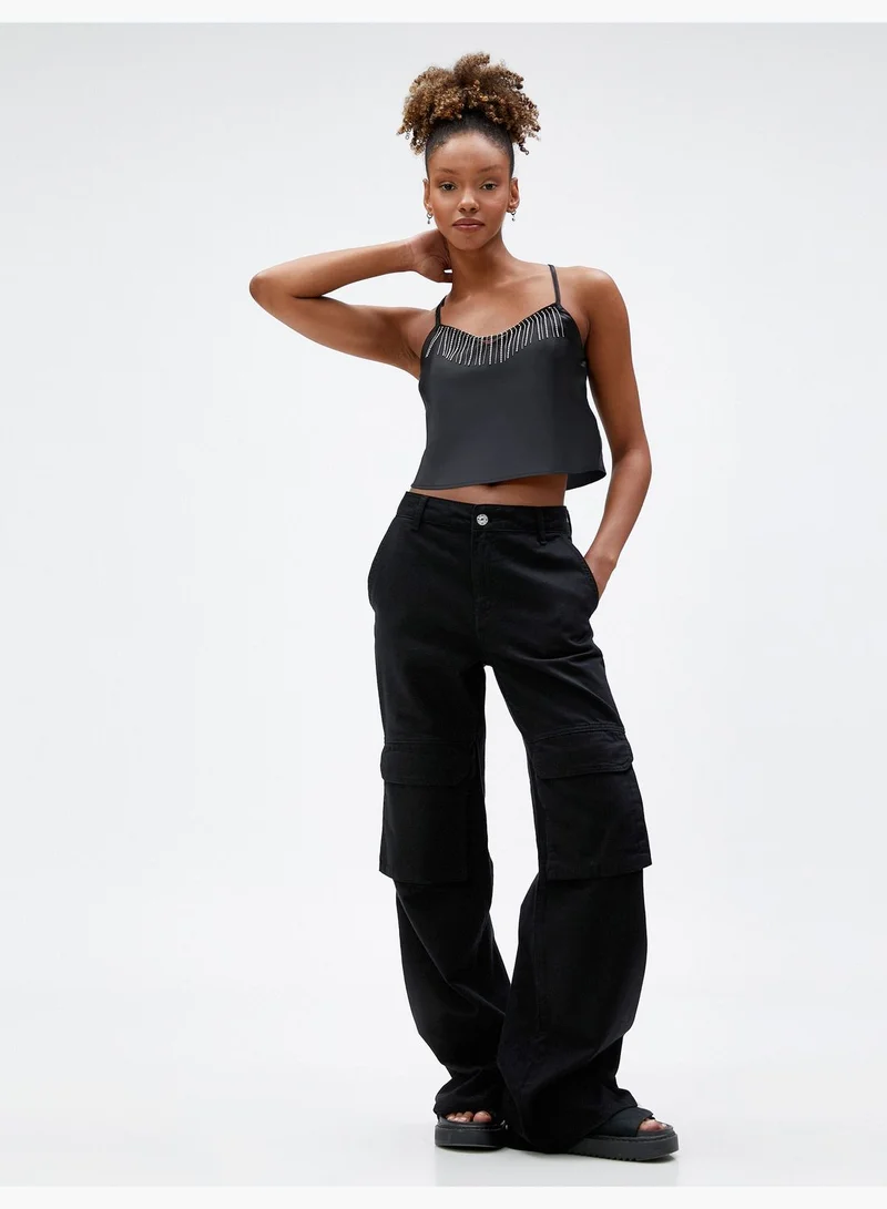KOTON Satin Crop Glitz Stone Detail Spaghetti Strappy Tank Top