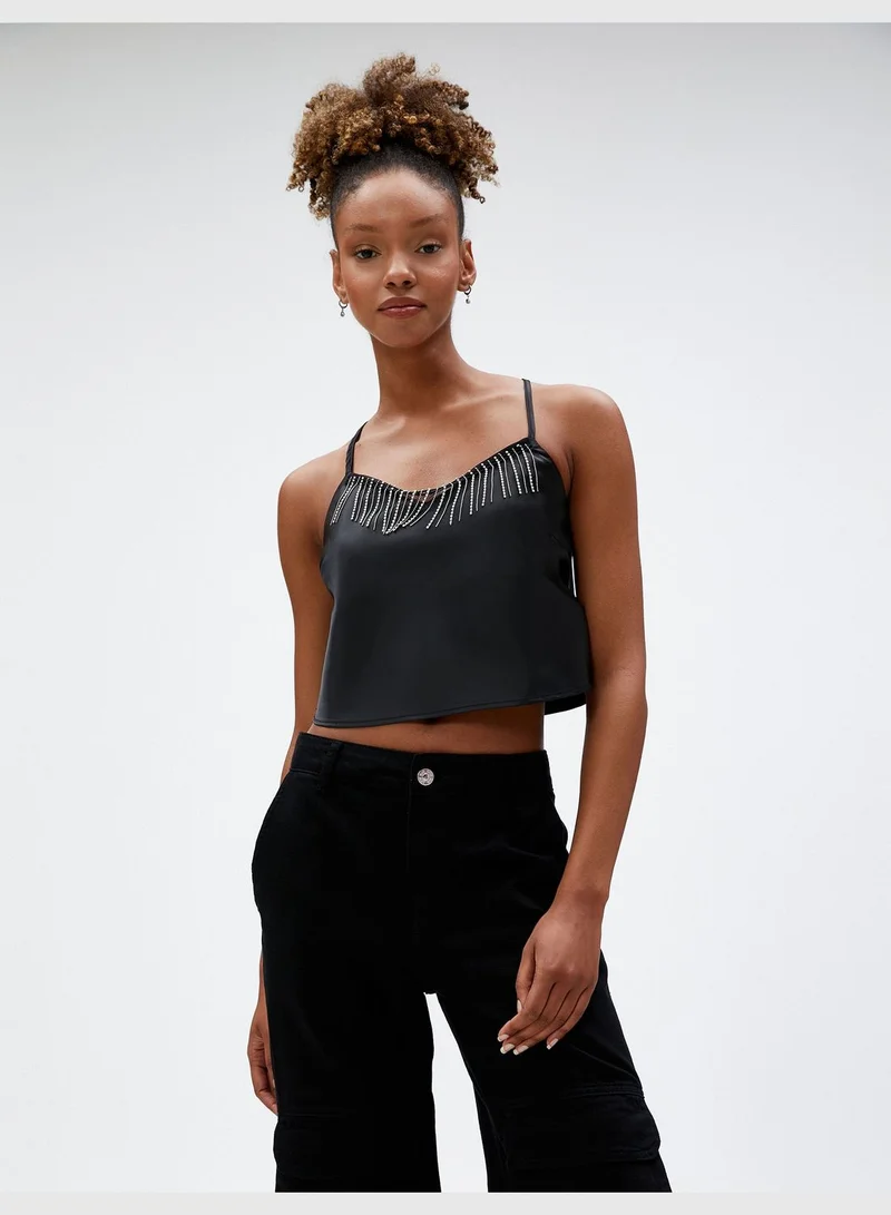 KOTON Satin Crop Glitz Stone Detail Spaghetti Strappy Tank Top