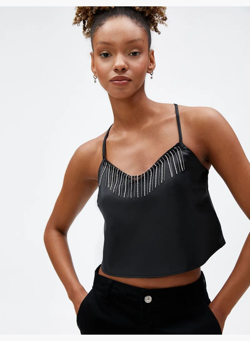 KOTON Satin Crop Glitz Stone Detail Spaghetti Strappy Tank Top