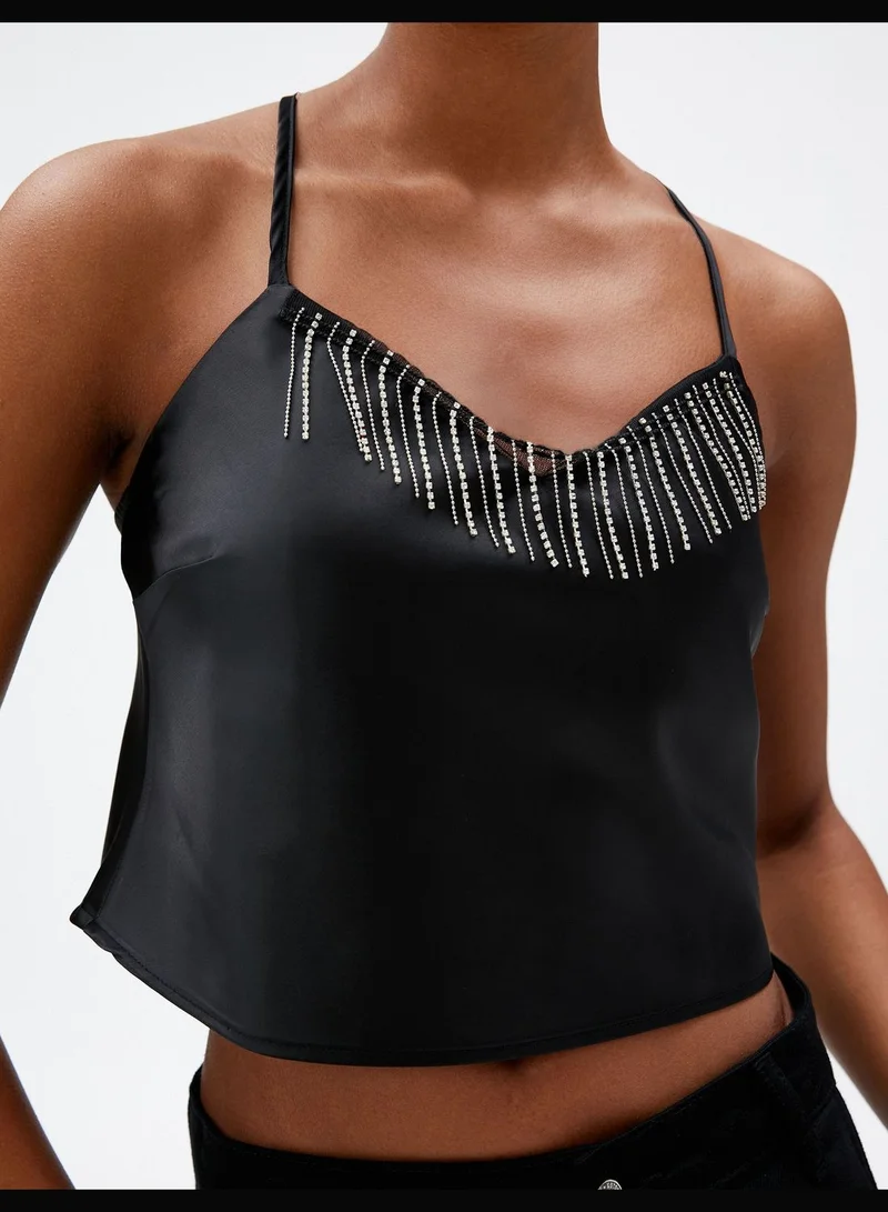 KOTON Satin Crop Glitz Stone Detail Spaghetti Strappy Tank Top