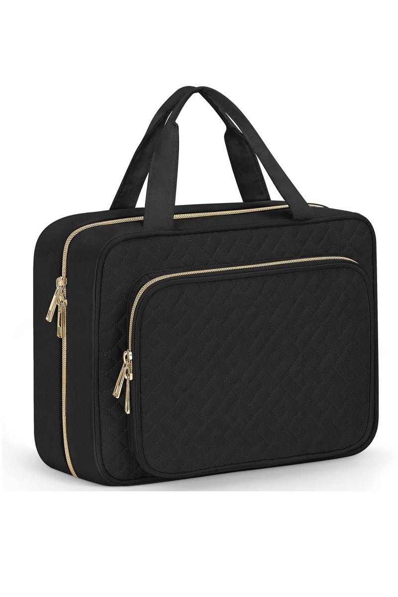 حقيبة أدوات الزينة للنساء، حقيبة سفر مستحضرات تجميل كبيرة، حقيبة أدوات زينة معلقة للحمام، حقيبة مكياج سفر سميكة مقاومة للماء من البولي فينيل كلوريد، حقيبة أدوات زينة لرحلات العمل والسفر والتخييم باللون الأسود - Image 1