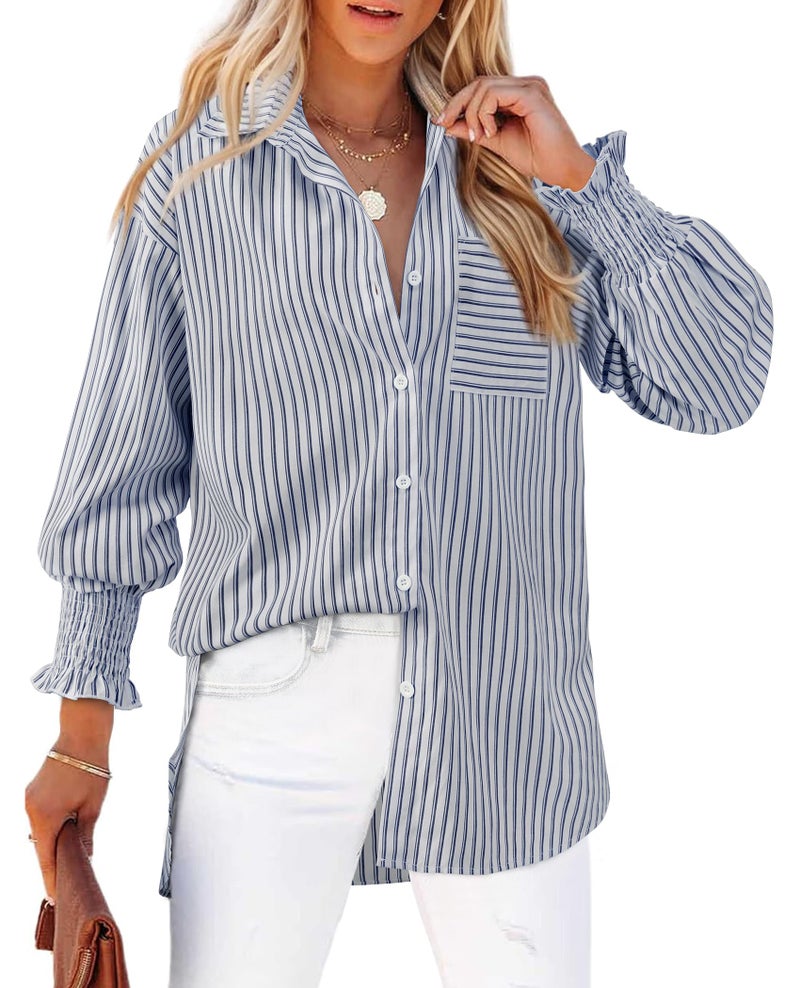 Gleeivy Oversized Button Down Shirts for Women Boyfriend Long Sleeve Striped Shirt Smocked Work Dressy Casual Blouses V Neck Fashion Fall Clothes Trendy Work Office Outfits Blue and White Striped L - Image 1