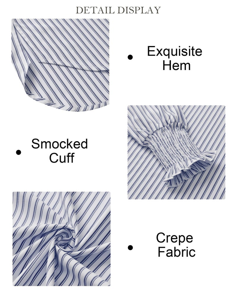 Gleeivy Oversized Button Down Shirts for Women Boyfriend Long Sleeve Striped Shirt Smocked Work Dressy Casual Blouses V Neck Fashion Fall Clothes Trendy Work Office Outfits Blue and White Striped L - Image 5